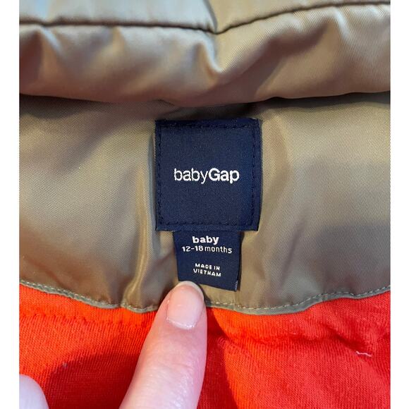Baby Gap 12-18 Months Snowsuit Hooded One Piece Olive Green Orange Pockets Flaws - Picture 3 of 16